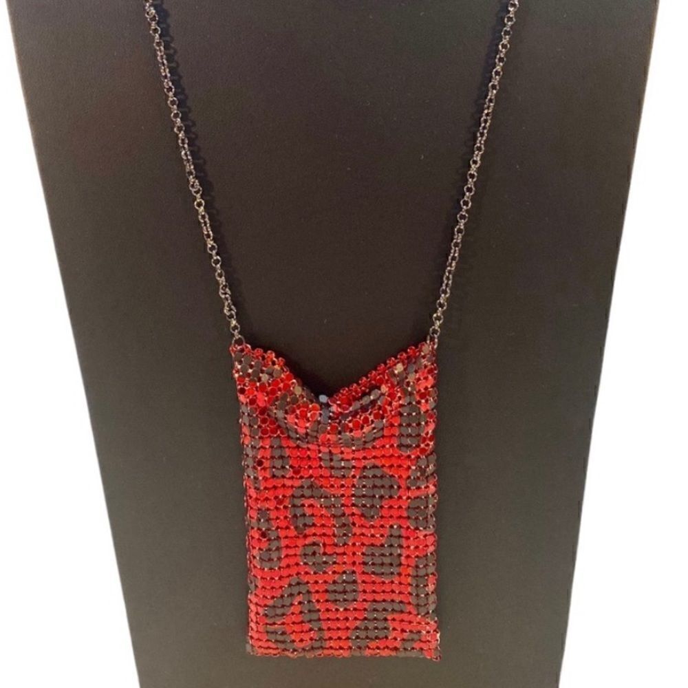 Betsey Johnson Red & Black Leopard Chainmaille Neck Purse.